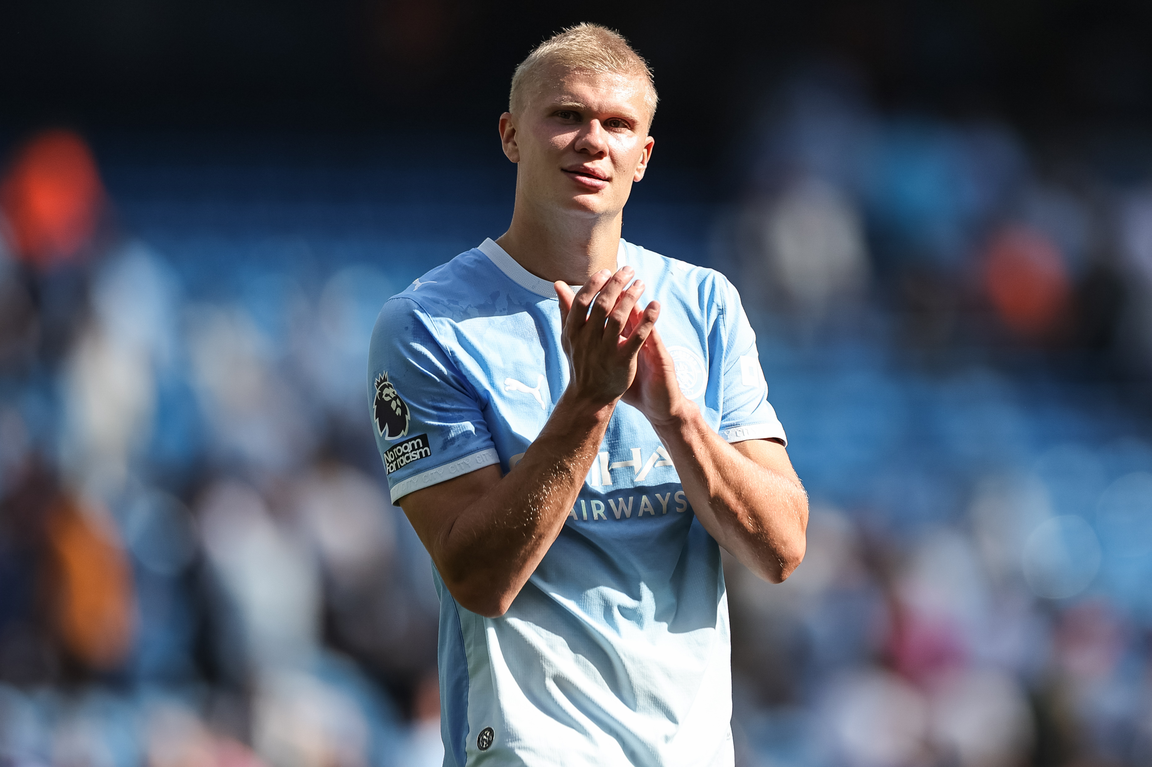 Erling Haaland of Manchester City applauds the fans as we make our best Crystal Palace vs. Manchester City prediction.
