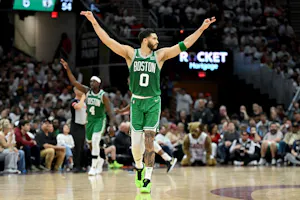 Jayson Tatum of the Boston Celtics and Jrue Holiday of the Boston Celtics celebrate against the Cleveland Cavaliers, and we offer our top Cavaliers vs. Celtics player props based on the best NBA odds.