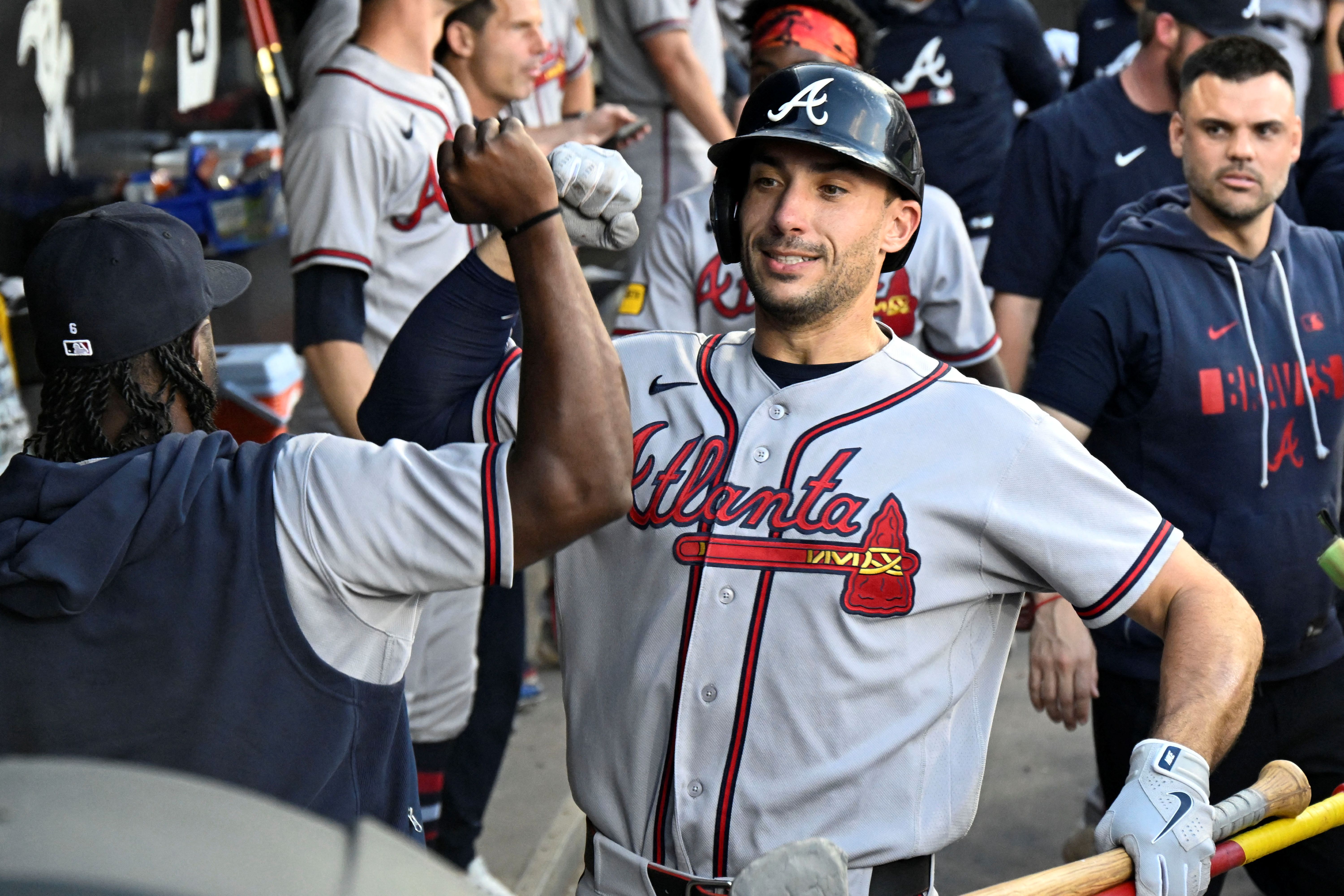 Atlanta Braves first baseman Matt Olson celebrates in the dugout, and he's featured in my best home run predictions today
