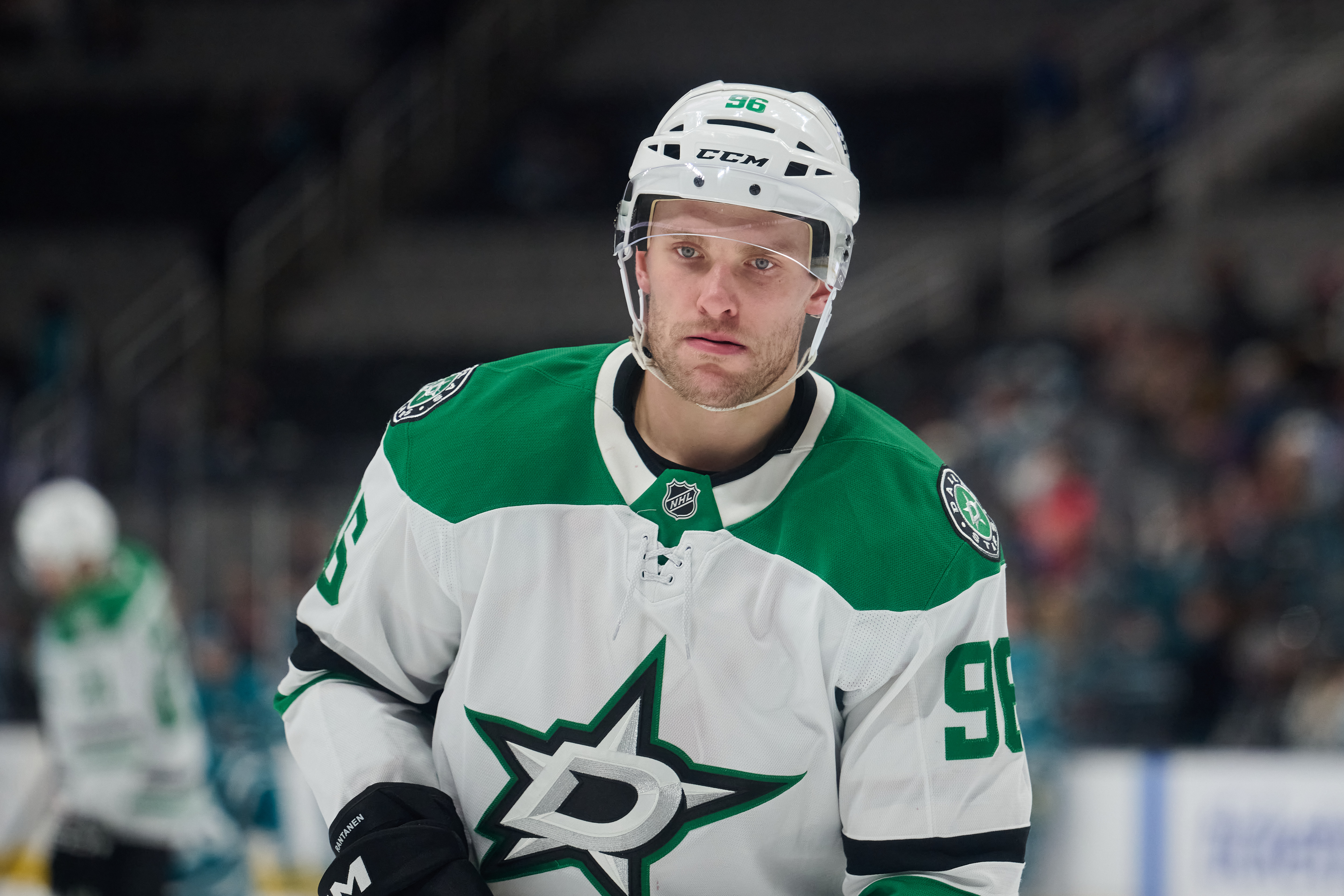 Dallas Stars right wing Mikko Rantanen (96), seen here warming up before a game, leads our Stars vs. Red Wings player props.