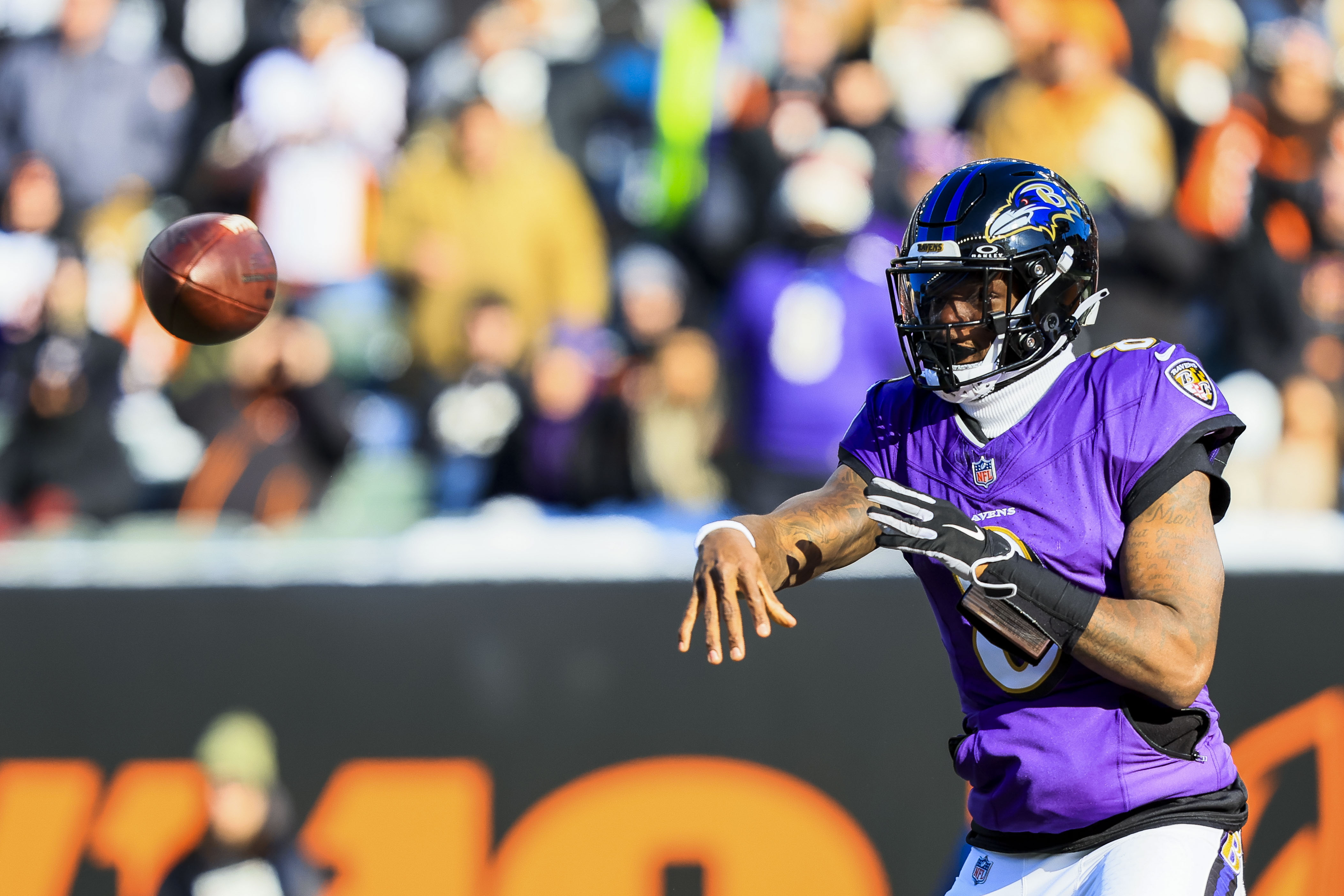 Baltimore Ravens quarterback Lamar Jackson (8) throws a pass as part of our early Patriots vs. Ravens prediction.