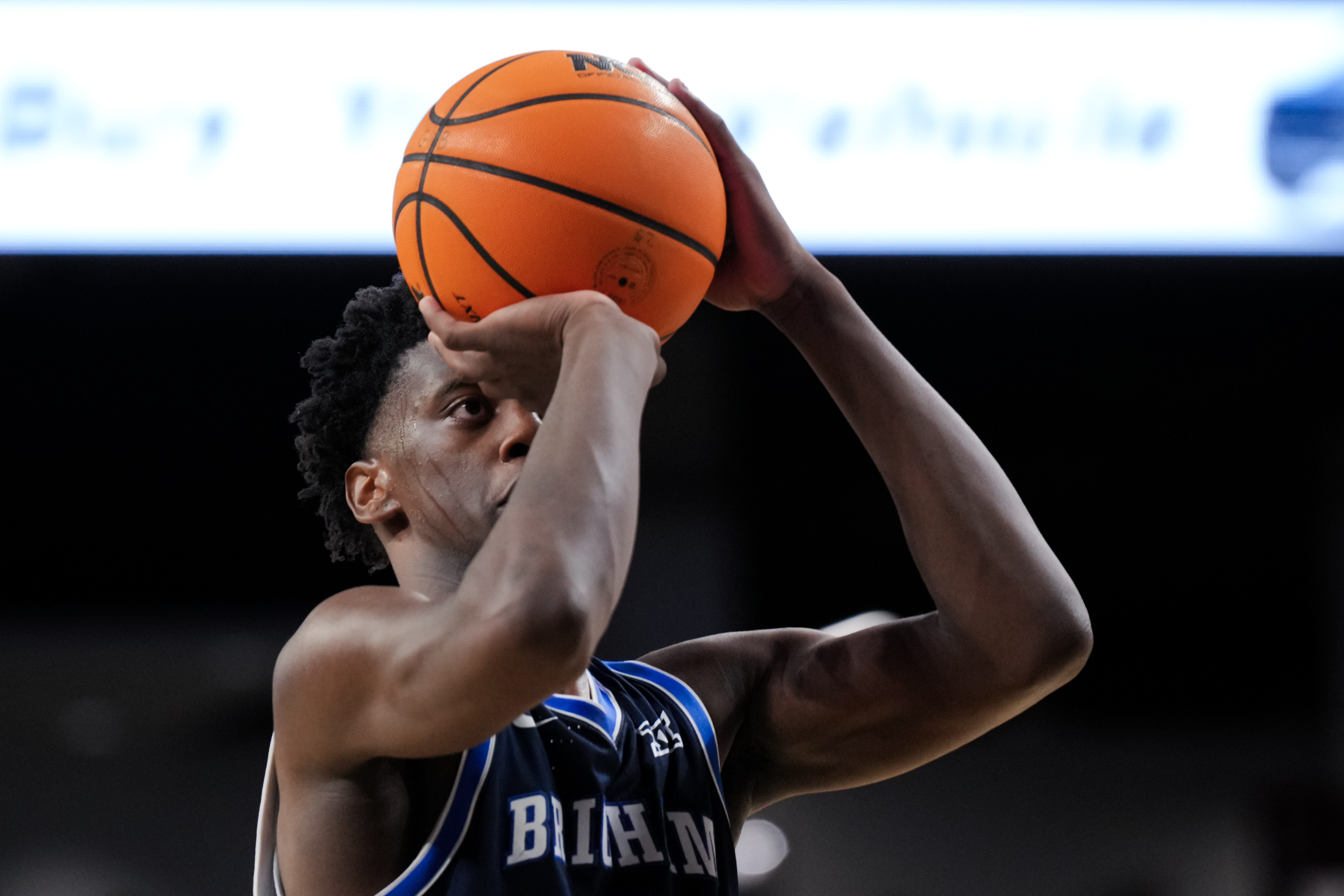 BYU Cougars forward AJ Dybantsa (3) attempts a free throw as he is featured in our College Basketball predictions.