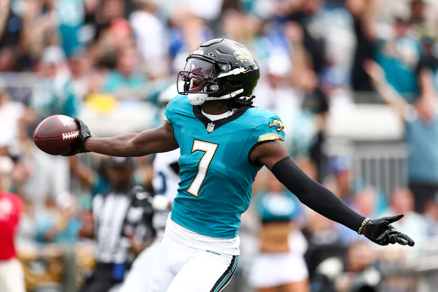 Jacksonville Jaguars wide receiver Brian Thomas Jr. scores a touchdown against the Indianapolis Colts. We're backing Jacksonville in our Jaguars vs. Bears prediction.
