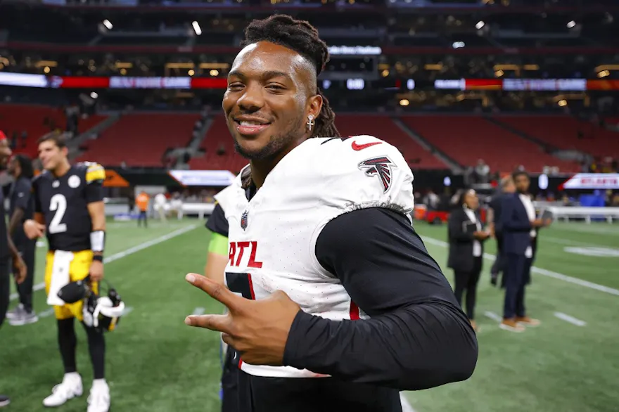 Bijan Robinson of the Atlanta Falcons reacts at the conclusion of a preseason game against the Pittsburgh Steelers, and we offer our top odds and predictions for Panthers vs. Falcons in Week 1.