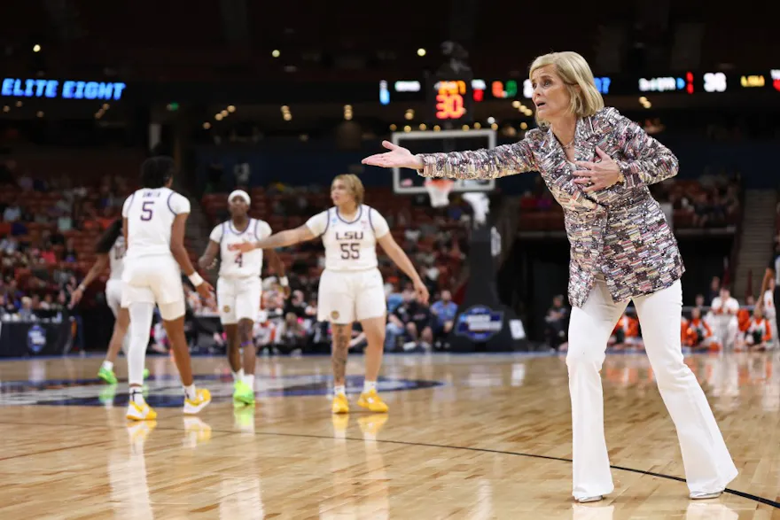 Head coach Kim Mulkey of the LSU Lady Tigers as we look at our LSU vs. Virginia Tech predictions