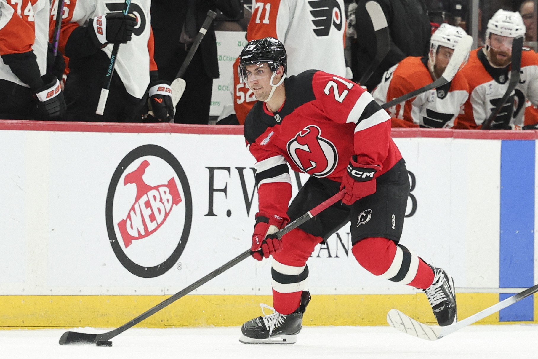 New Jersey Devils center Timo Meier skates with the puck as we look at Kalshi getting a big win in New Jersey.