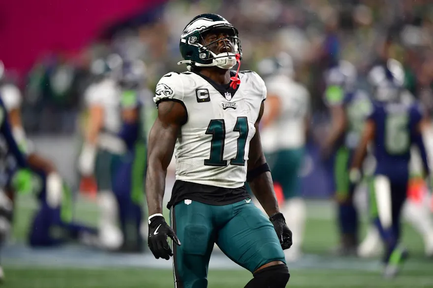 A.J. Brown #11 of the Philadelphia Eagles celebrates in the second half