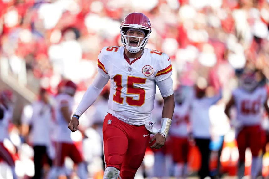 Kansas City Chiefs quarterback Patrick Mahomes reacts as we look at the launch of PrizePicks Arena in Delaware and Missouri