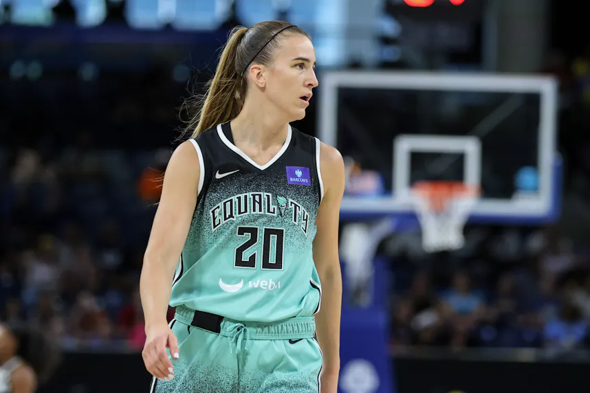 Sabrina Ionescu (20) looks on as we offer our best Sparks vs. Liberty prediction and expert picks for Saturday's WNBA matchup at Barclays Center in Brooklyn, N.Y.