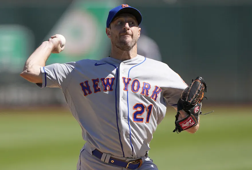 Max Scherzer of the New York Mets pitches against the Oakland Athletics in the bottom of the first inning.