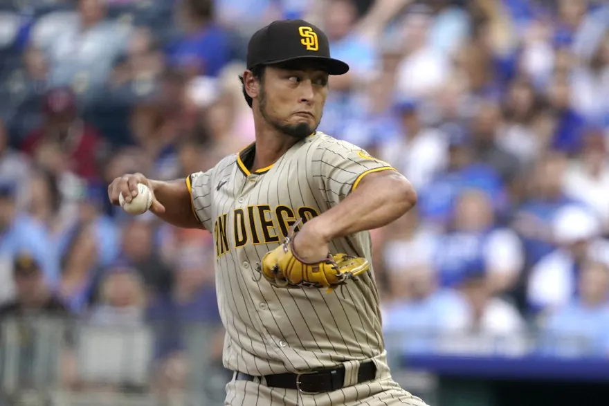 Yu Darvish of the San Diego Padres pitches in the first inning against the Kansas City Royals.