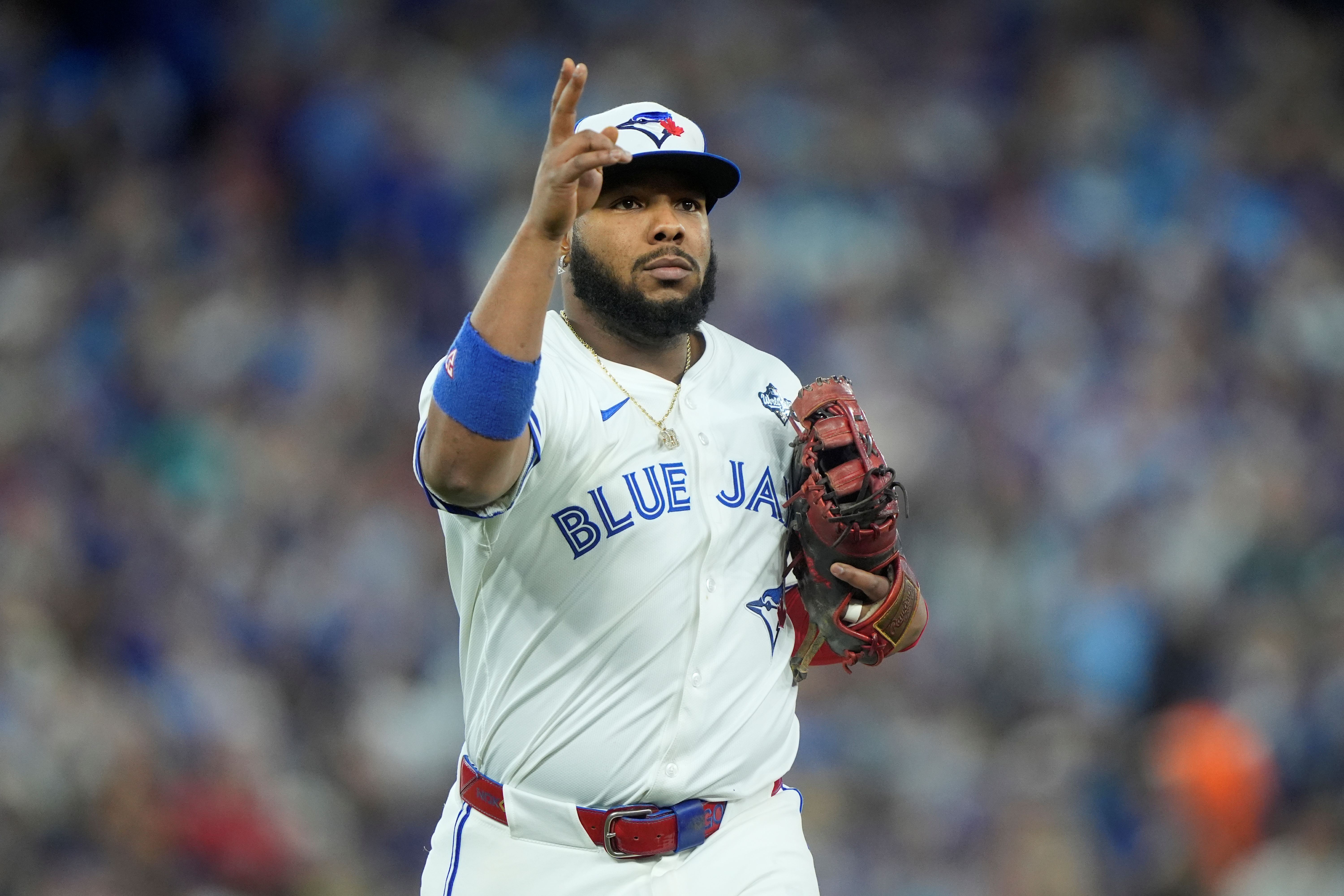 Toronto Blue Jays first baseman Vladimir Guerrero Jr. looks on, and he's featured in the World Baseball Classic odds.