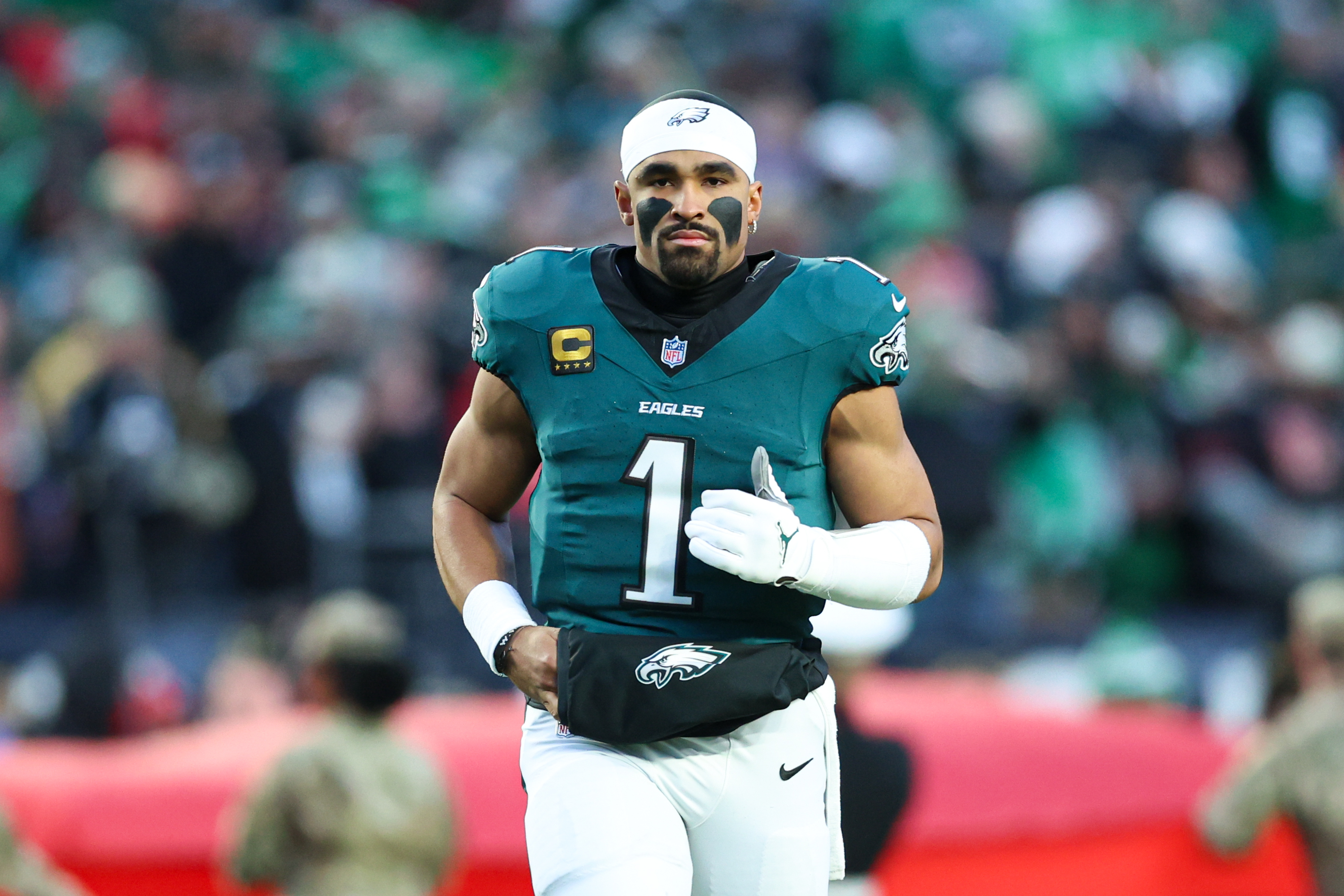 Pictured: Philadelphia quarterback Jalen Hurts as we break down our Commanders vs. Eagles Prediction. Photo by Bill Streicher-Imagn Images.