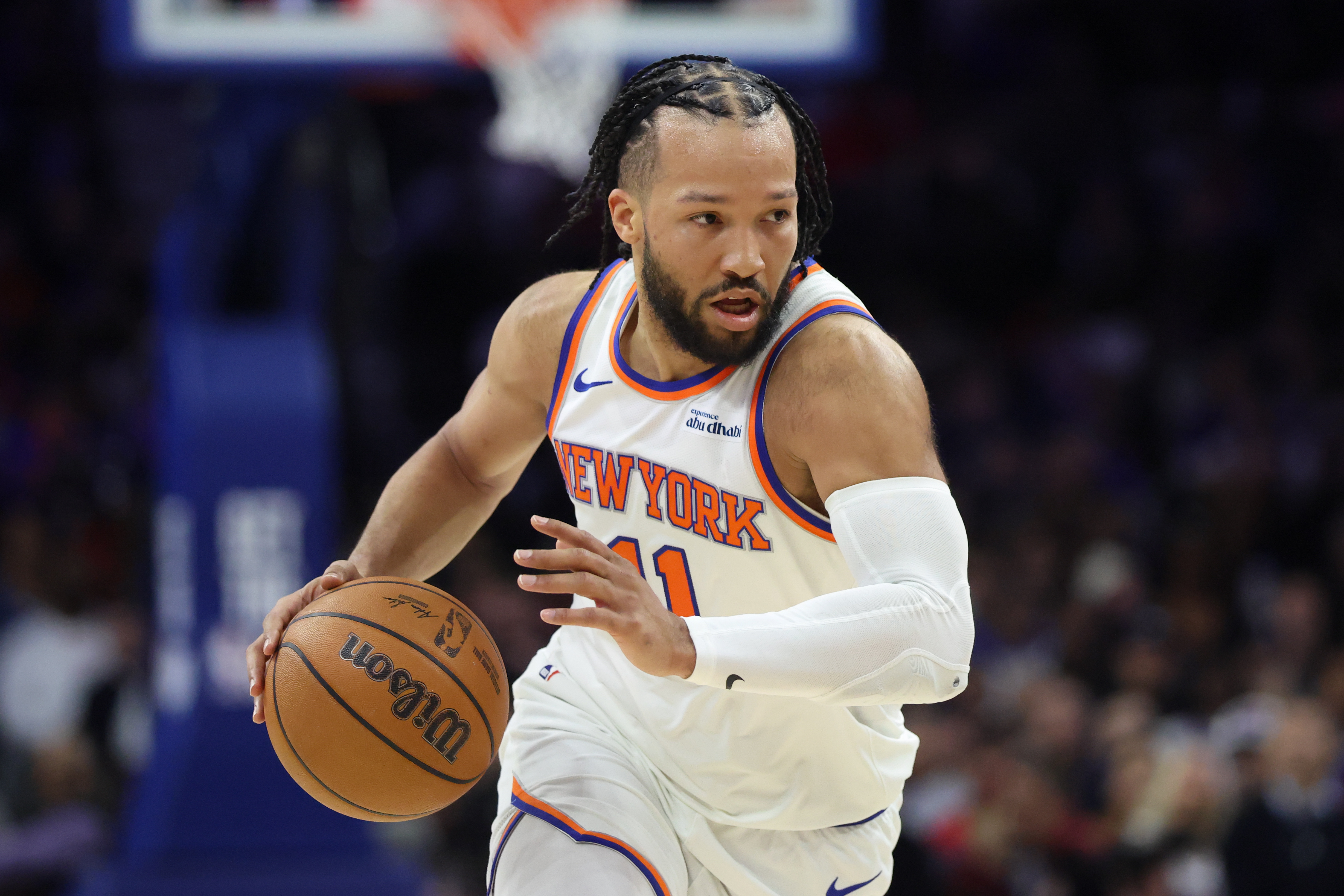 New York Knicks guard Jalen Brunson (11), seen here driving, is featured in our Pistons vs. Knicks player props.