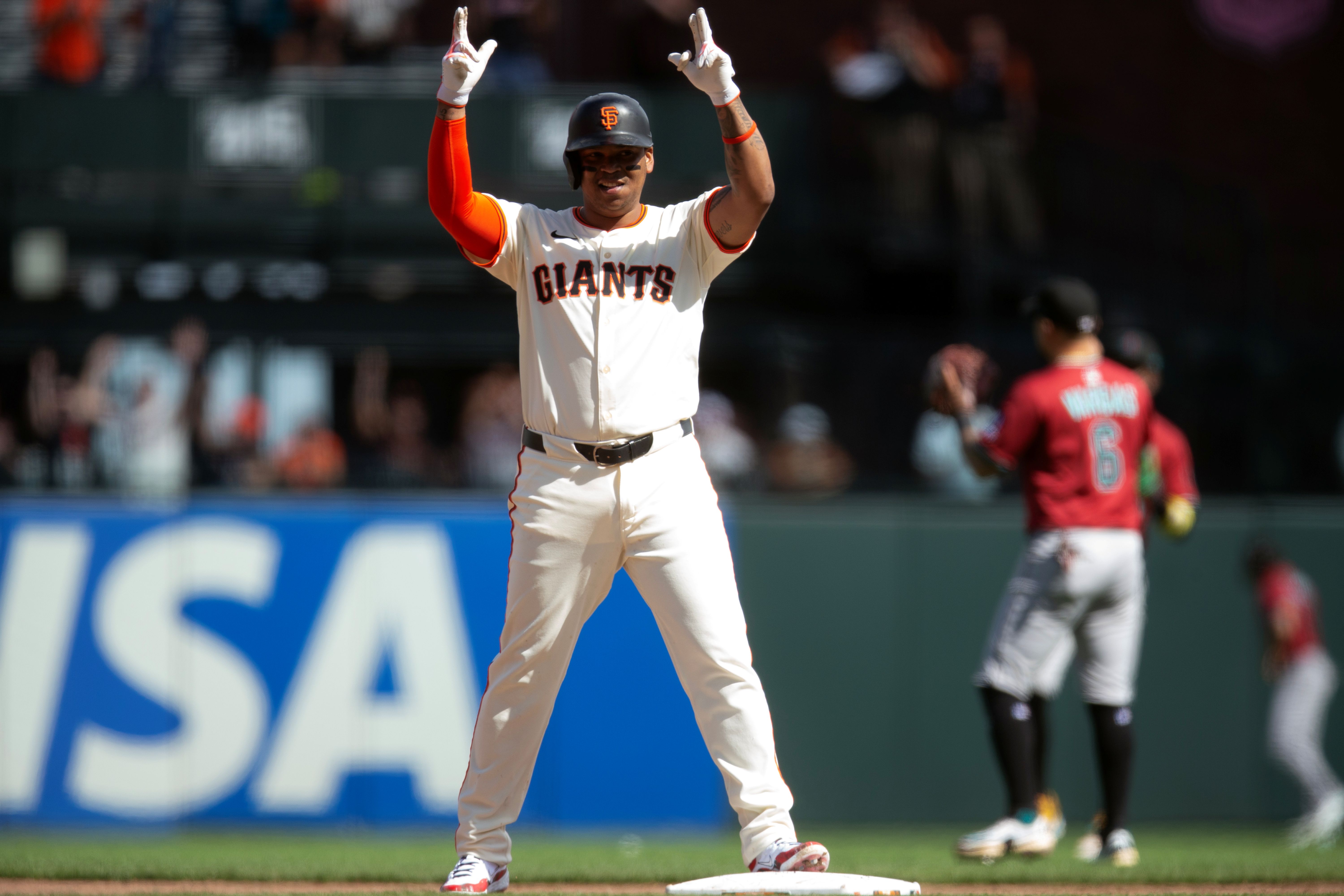 San Francisco Giants designated hitter Rafael Devers celebrates, and he's featured in our Yankees vs. Giants prediction.