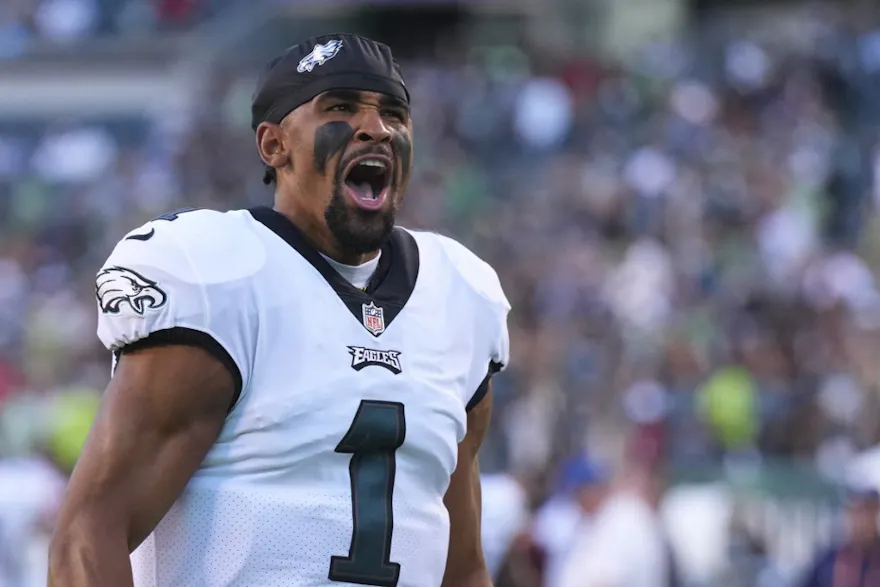 Jalen Hurts of the Philadelphia Eagles reacts prior to the preseason game against the New York Jets. 