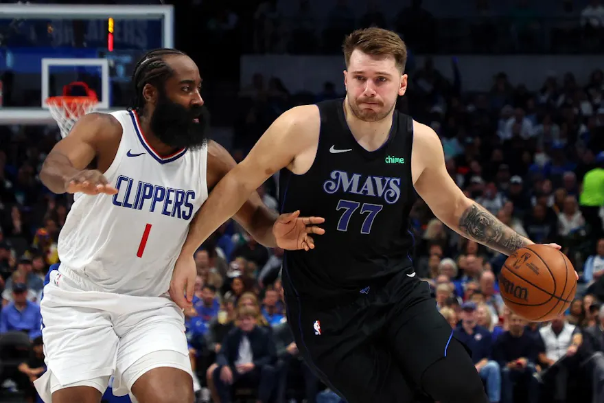 James Harden of the LA Clippers guards Luka Doncic of the Dallas Mavericks as he drives the ball past in the first half of a game at American Airlines Center. We're backing Doncic in our Mavericks vs. Clippers player props & odds. 