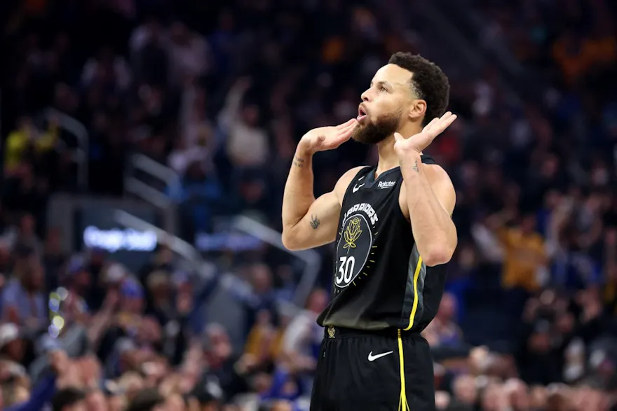 Stephen Curry of the Golden State Warriors reacts after he assisted Klay Thompson on a basket against the LA Clippers at Chase Cente. Ezra Shaw/Getty Images/AFP