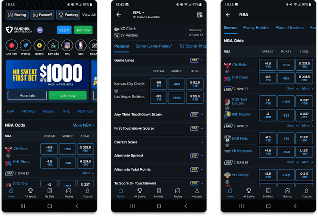 Screenshots of the FanDuel Sportsbook app for iOS.&nbsp;