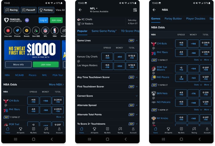 Screenshots of the FanDuel Sportsbook app for iOS. 