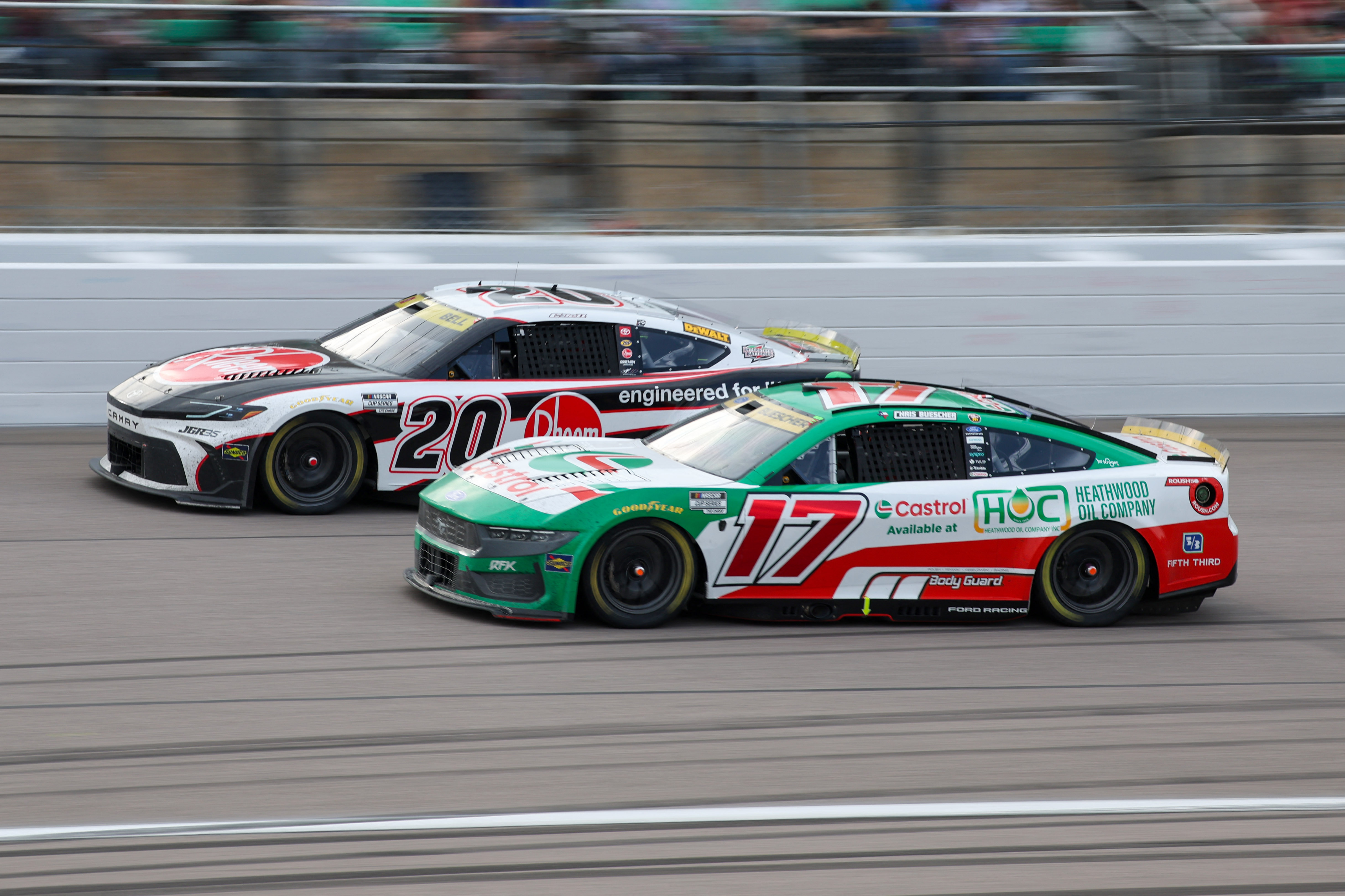 NASCAR Cup Series drivers Christopher Bell (20) and Chris Buescher (17) race as we break down our NASCAR predictions at Las Vegas.