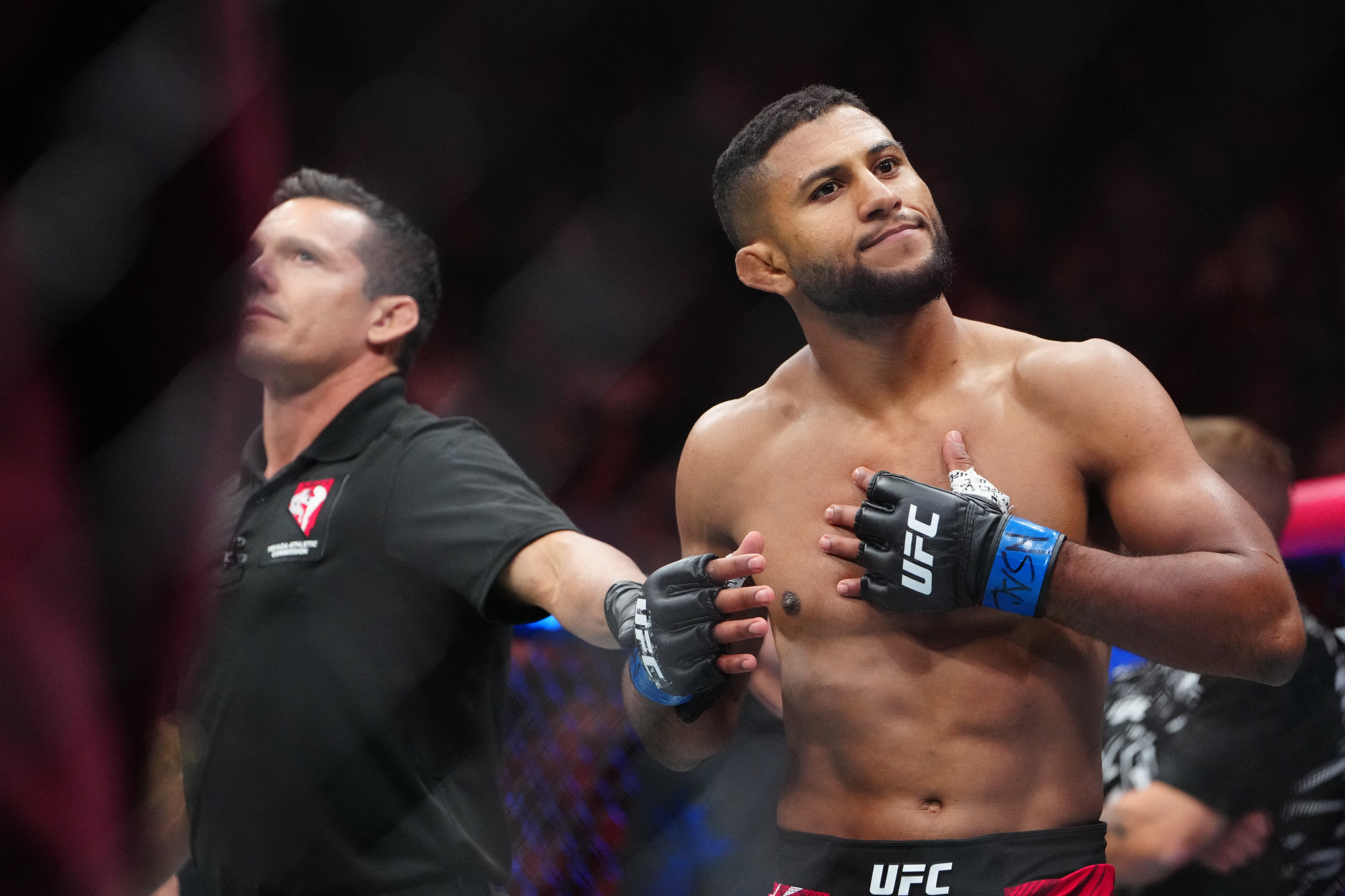 Youssef Zalal reacts after a fight as we make our best Aljamain Sterling vs. Youssef Zalal prediction. 
