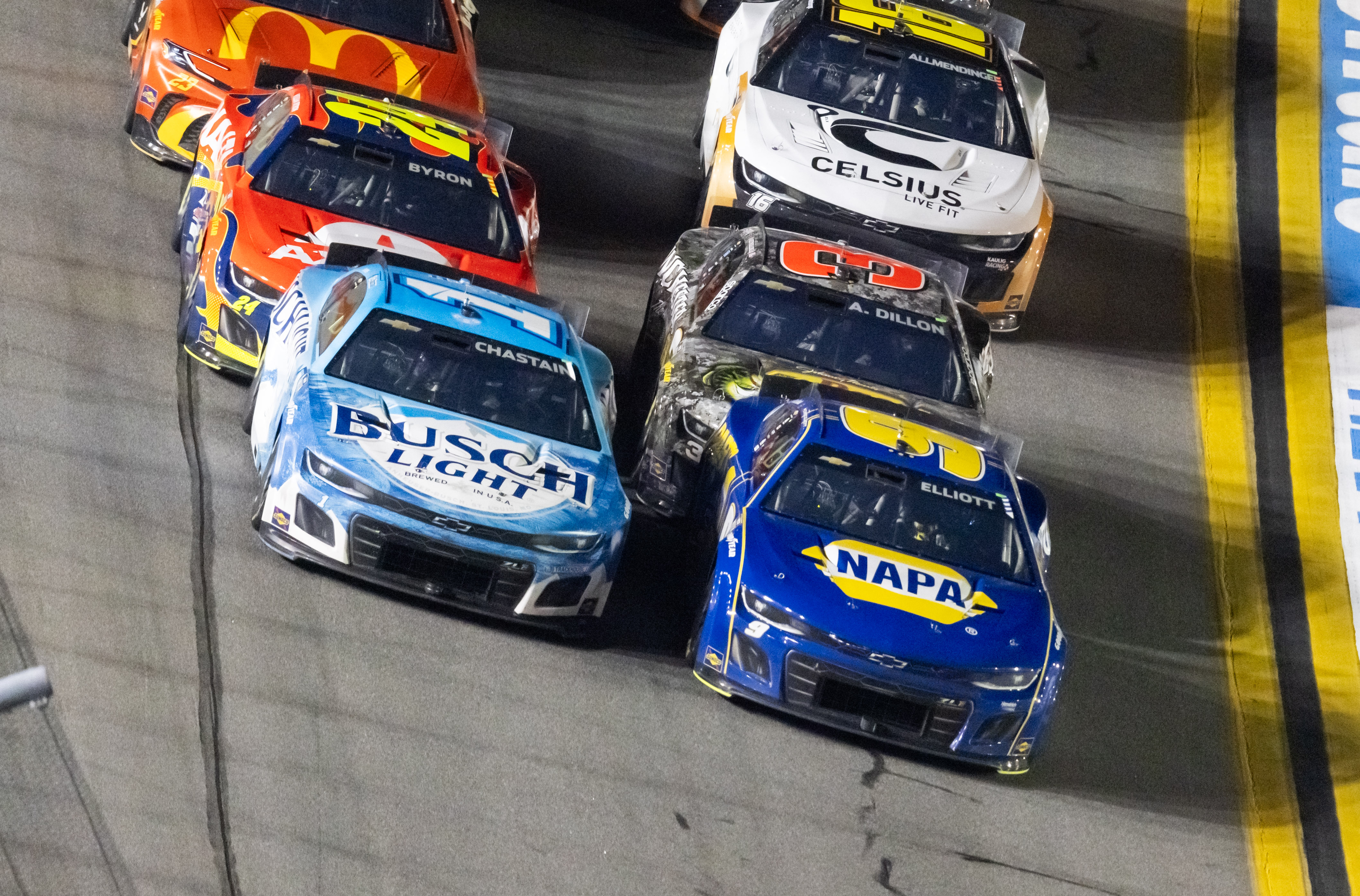 NASCAR Cup Series driver Ross Chastain (1) alongside Chase Elliott (9) during the Duels at Daytona International Speedway.