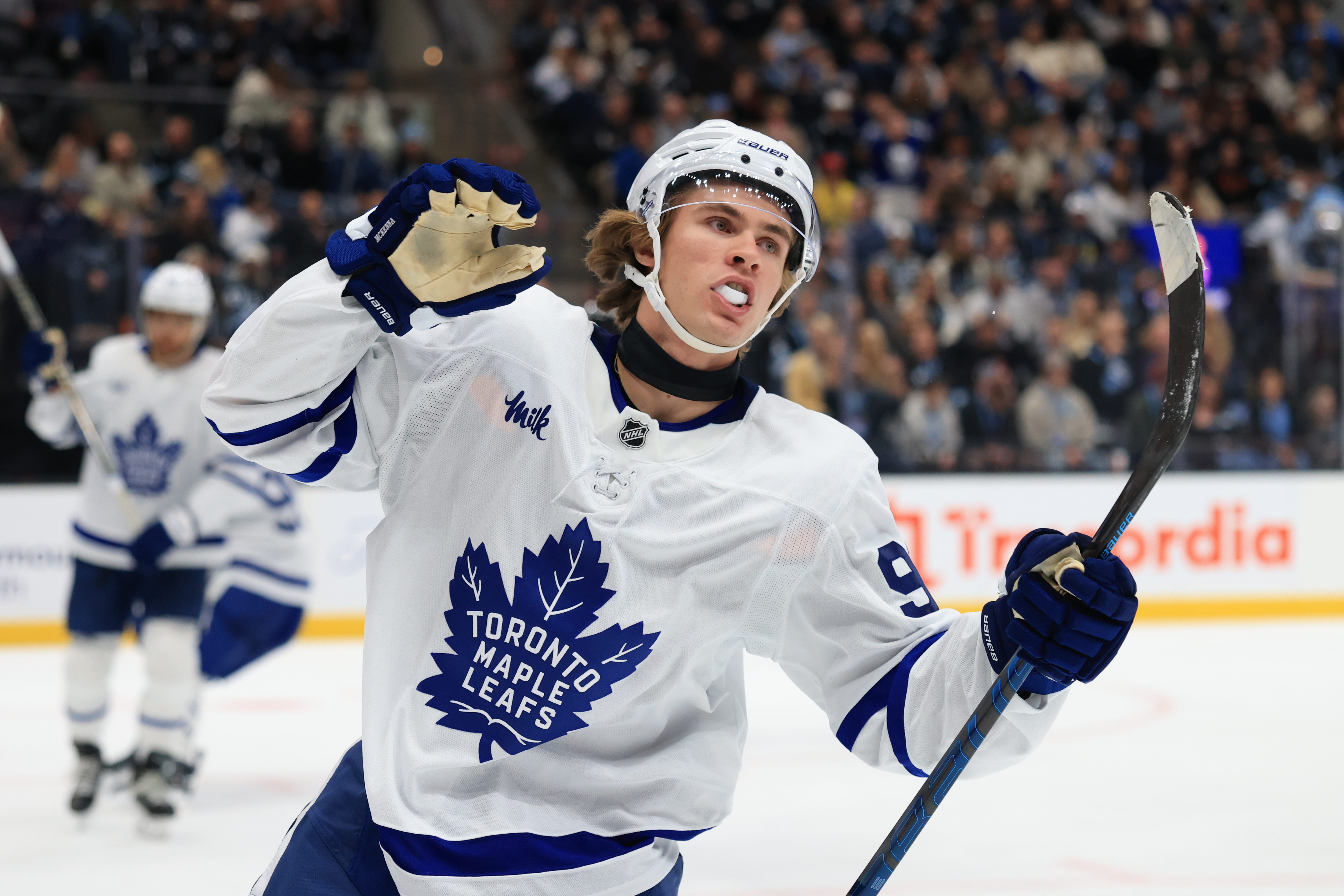 Toronto Maple Leafs left winger Gavin McKenna (92) celebrates a goal against the Utah Mammoth as we take a closer look at the Calder Trophy odds. 
