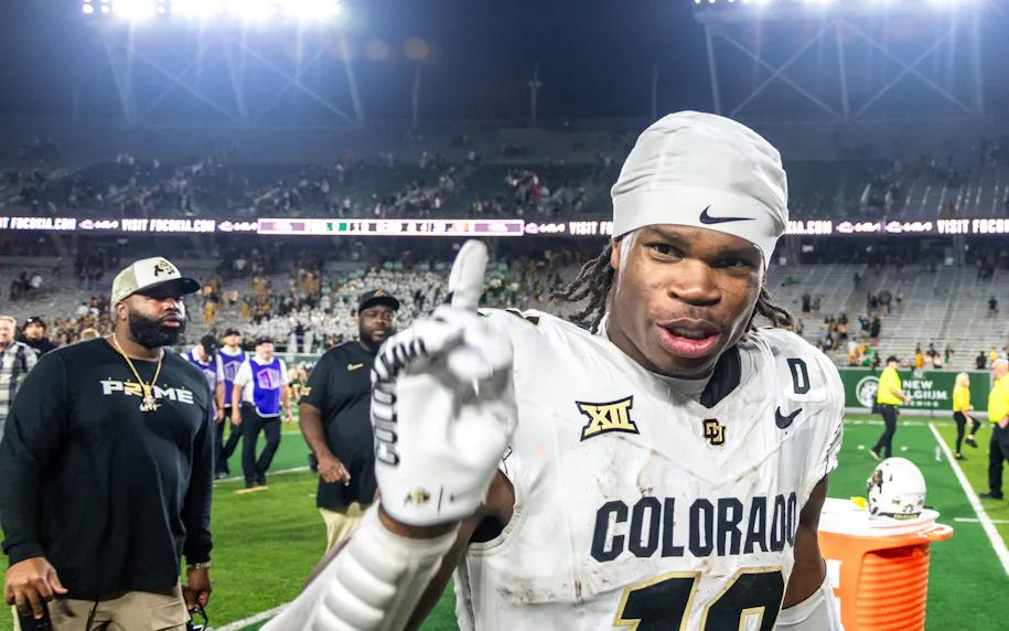 Colorado's Travis Hunter flashes a No. 1 with his finger after a win against Colorado State. We're fading Hunter in our Baylor vs. Colorado prediction.