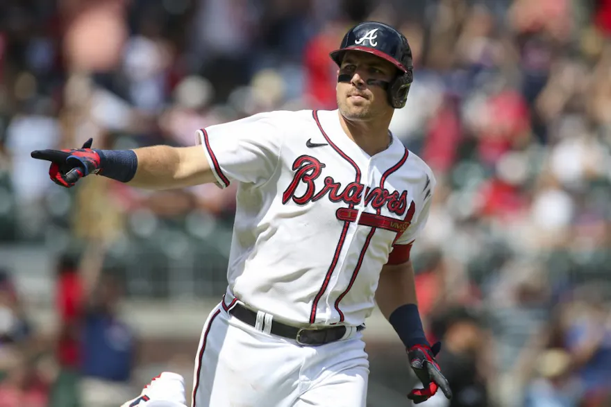 Austin Riley celebrates a round tripper and is one of our MLB Home Run Prop Picks for Wenesday.