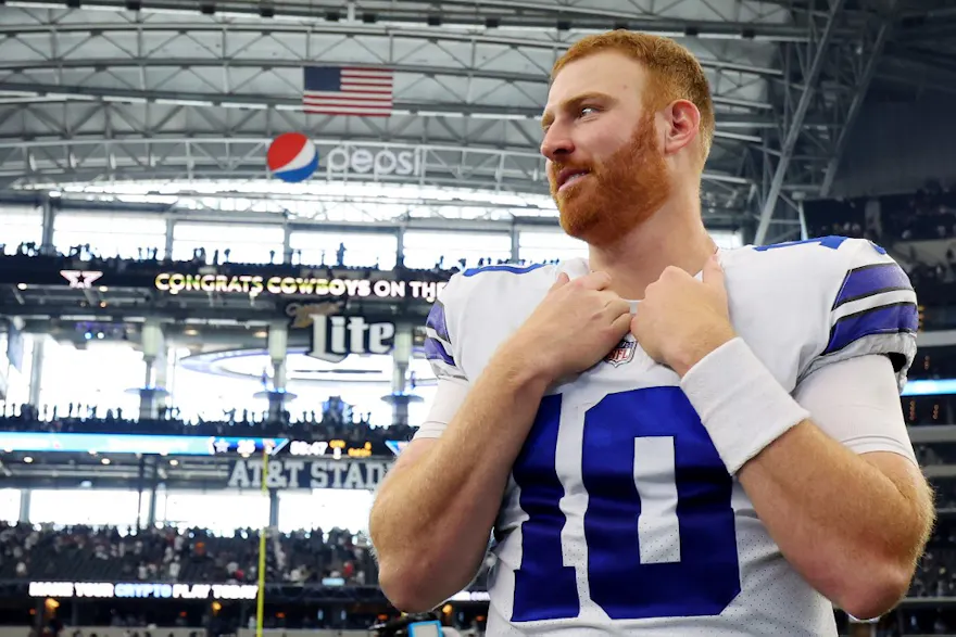 Cooper Rush of the Dallas Cowboys looks onward after his team's 25-10 win against the Washington Commanders at AT&T Stadium on October 02, 2022 in Arlington, Texas.
