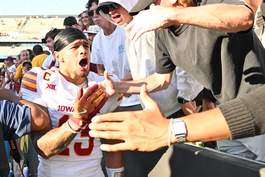 Iowa State Cyclones wide receiver Jaylin Noel reacts with fans after the game against the Iowa Hawkeyes.