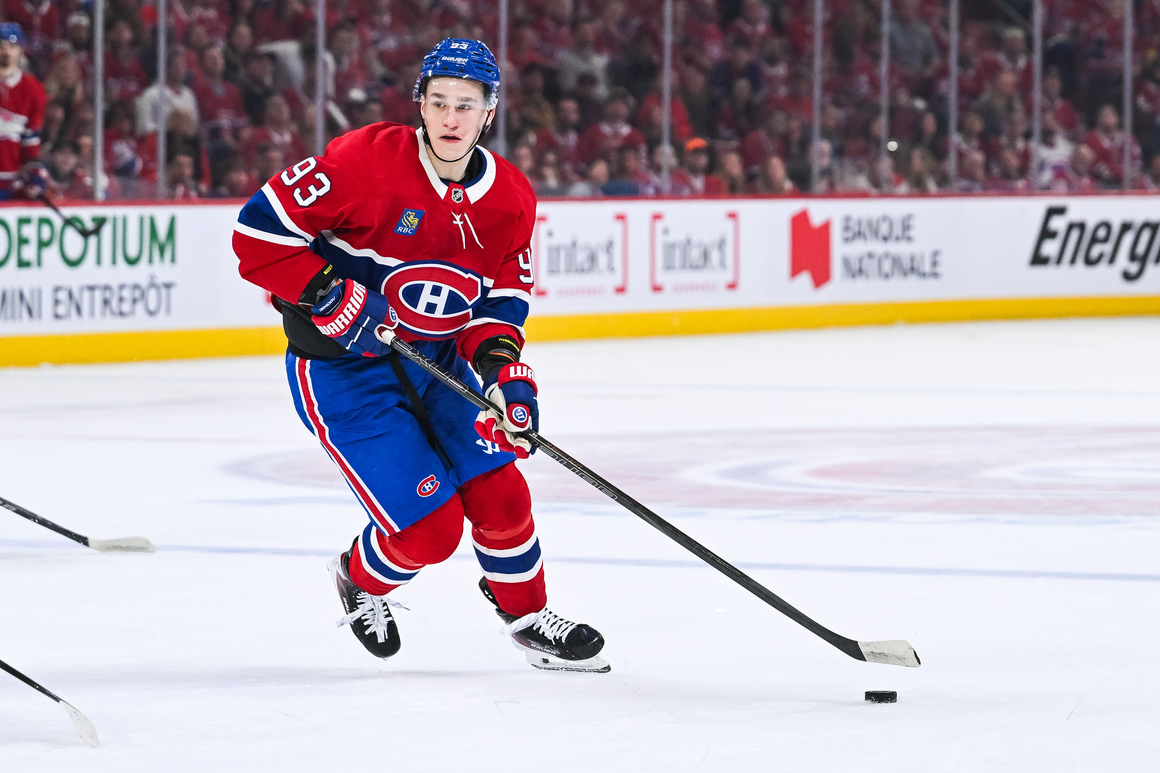 Montreal Canadiens right wing Ivan Demidov (93), seen here playing the puck during a game, is featured in our Canadiens vs. Hurricanes prediction and odds for Game 2.
