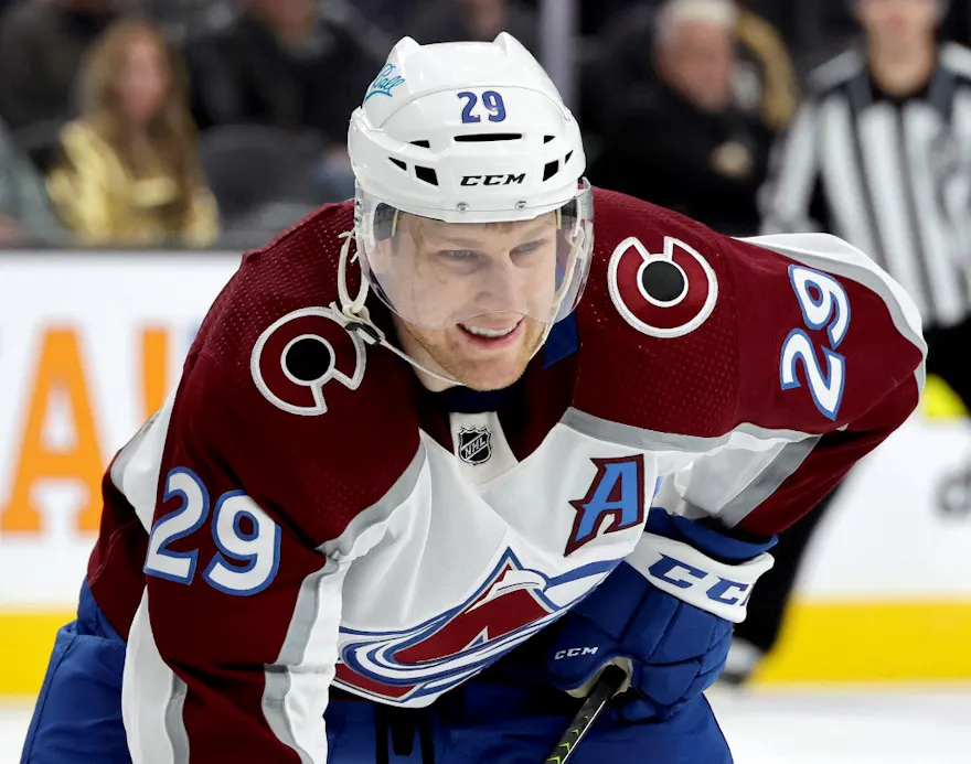 Nathan MacKinnon of the Colorado Avalanche waits for a faceoff against the Vegas Golden Knights and we provide a look at our top odds and predictions for Penguins vs. Avalanche on Wednesday.