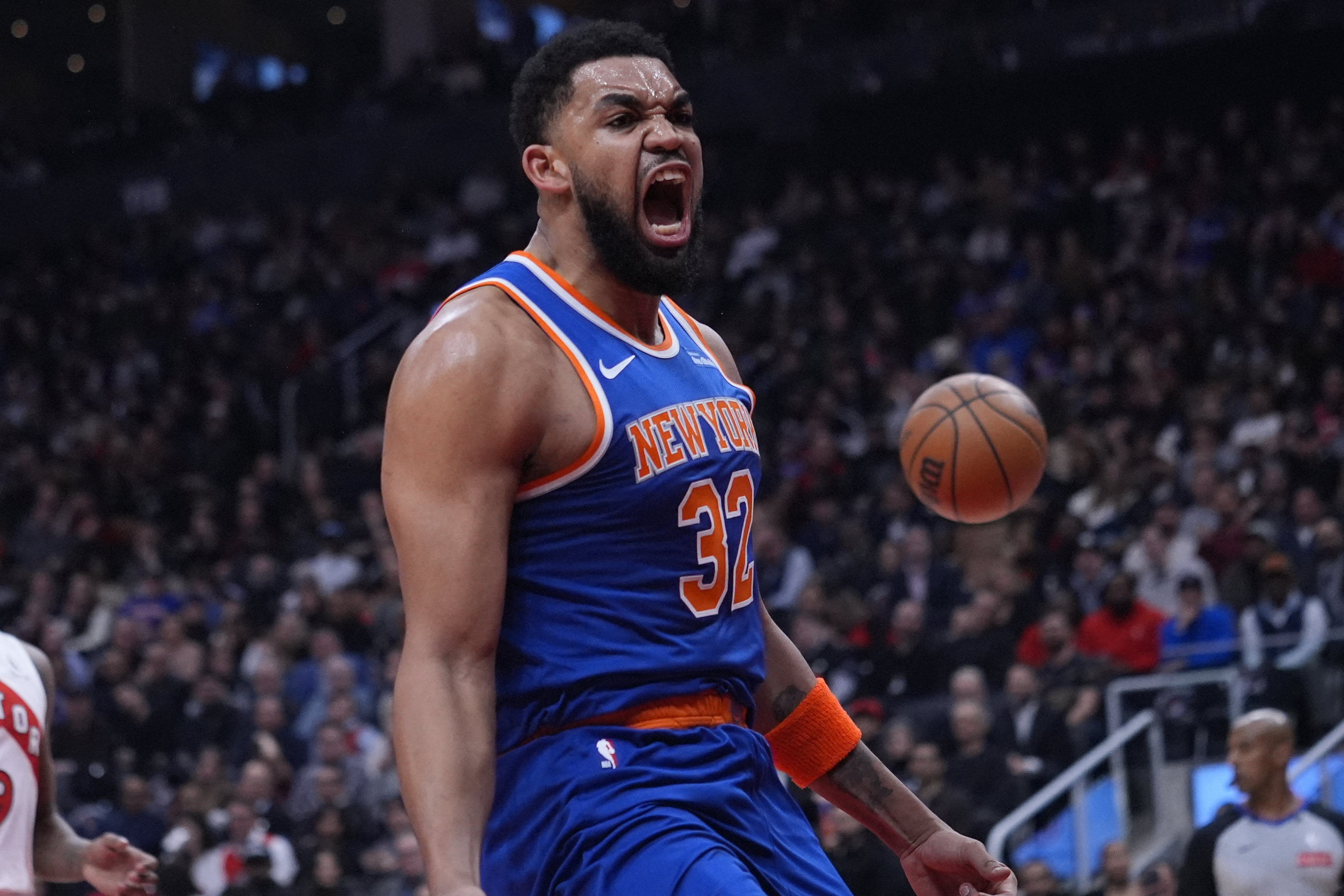 New York Knicks center Karl-Anthony Towns (32), seen here reacting after a made basket, is featured in our Thunder vs. Knicks player props today.