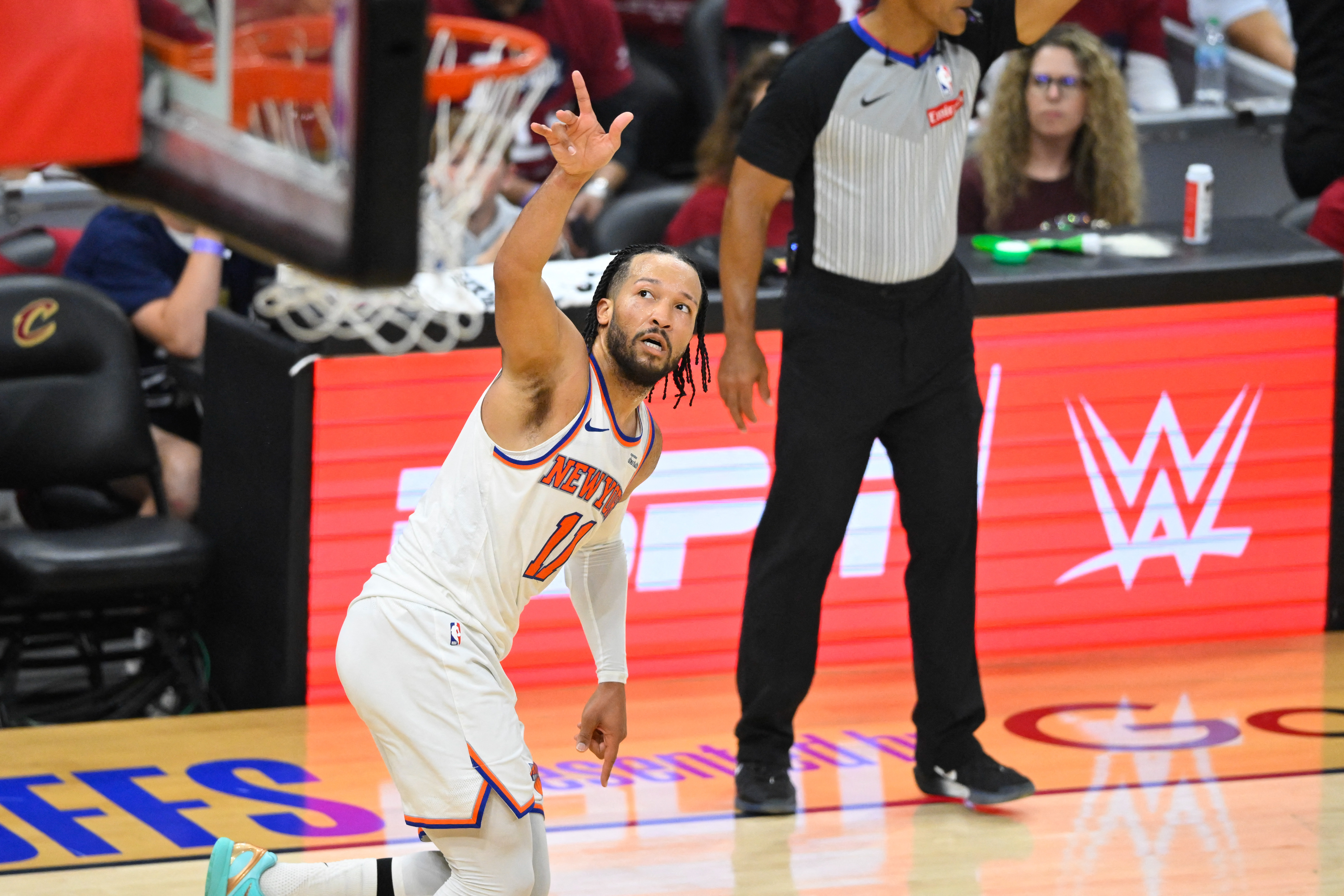 New York Knicks guard Jalen Brunson (11) reacts in the third quarter as we break down our Knicks vs Spurs prediction.