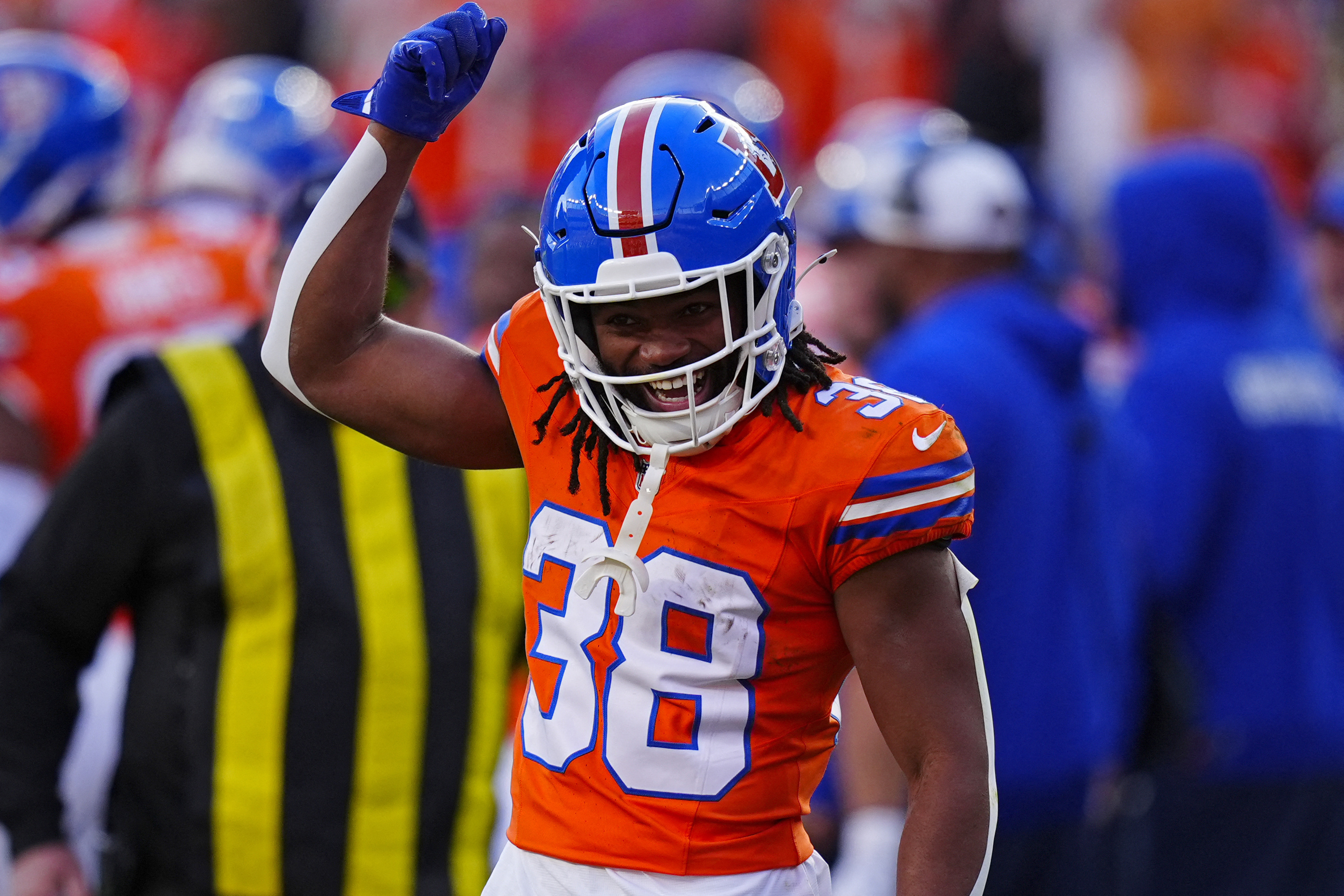 Denver Broncos running back Jaleel McLaughlin smiles as we make our best anytime touchdown scorer predictions for Bills vs. Broncos.