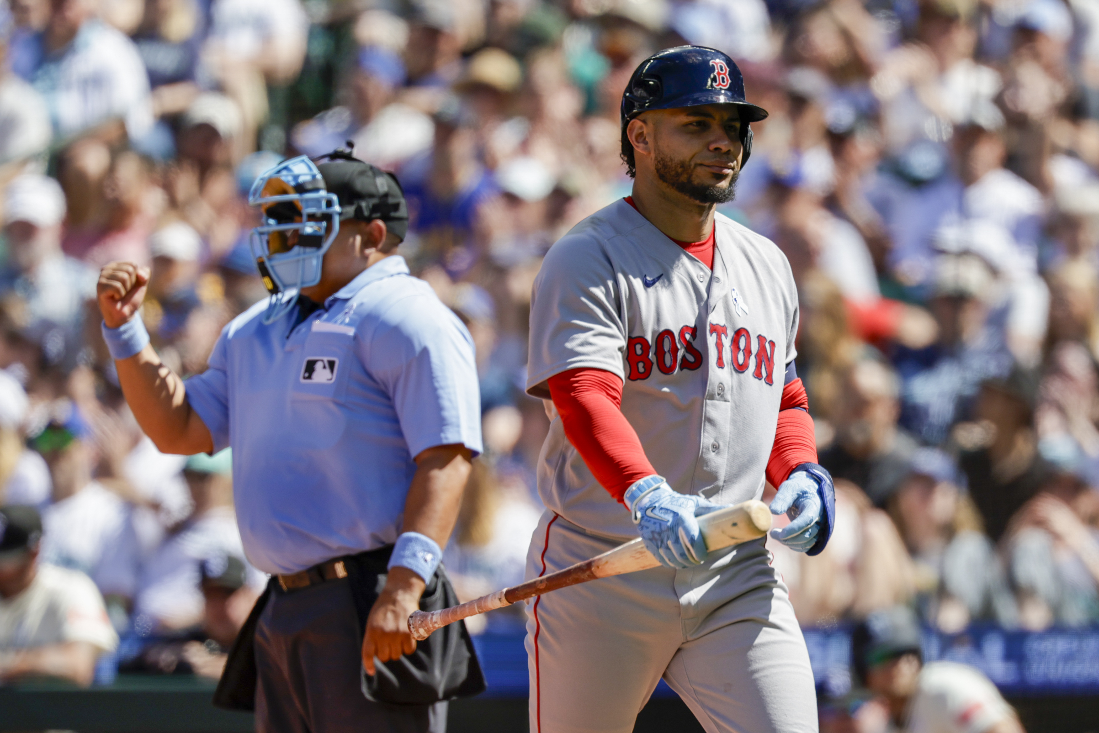 Boston Red Sox first baseman Willson Contreras walks to the dugout after striking out while we make our best Yankees vs. Red Sox prediction.
