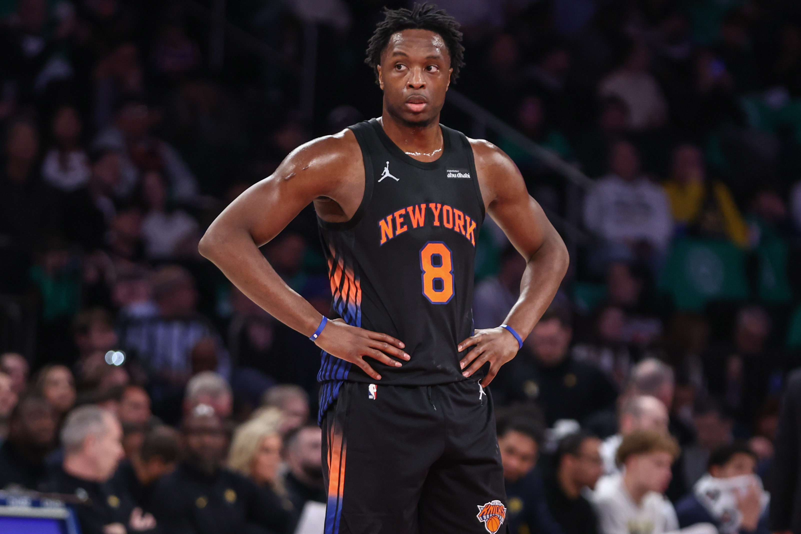 New York Knicks forward OG Anunoby (8) looks on as we break down our 76ers vs. Knicks player props for Game 2 tonight.