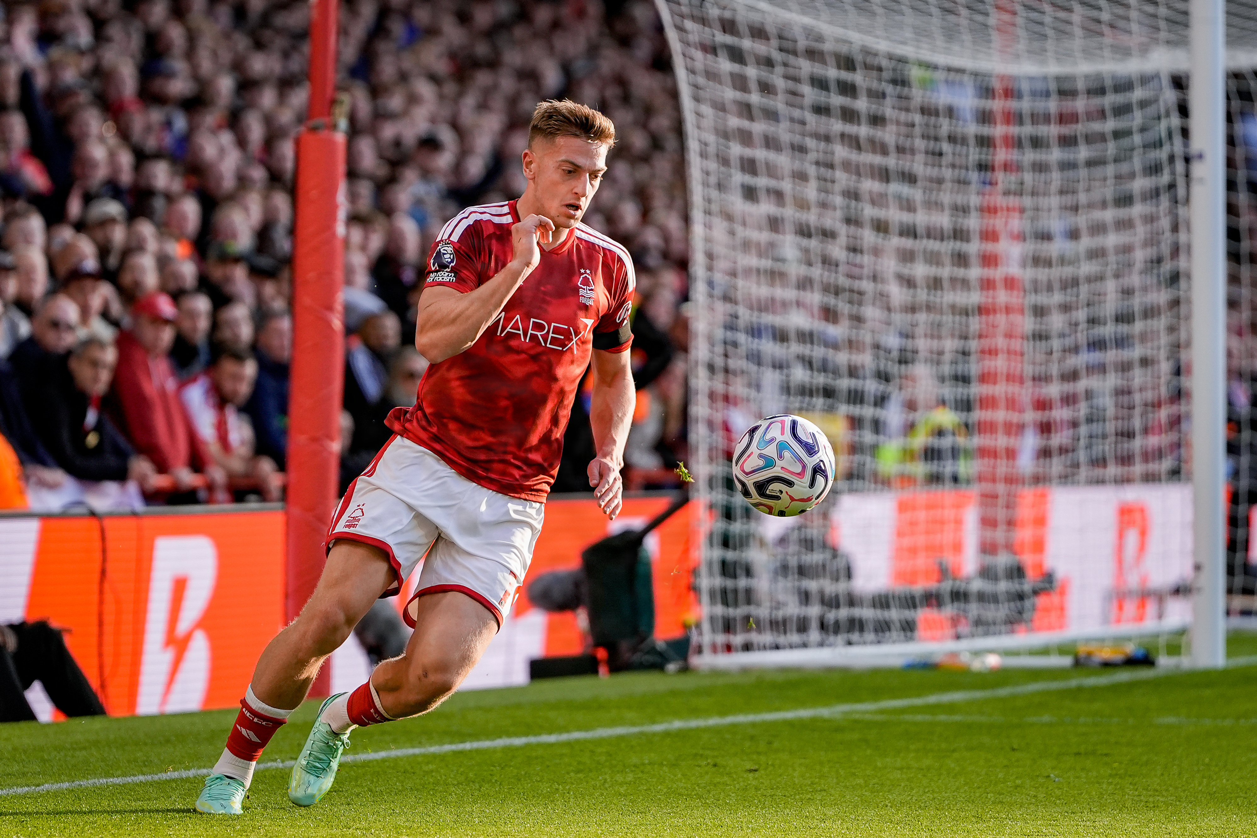 Liam Delap of Nottingham Forest controls the ball as we make our best Ipswich vs. Nottingham Forest prediction.
