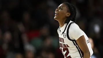 MiLaysia Fulwiley #12 of the South Carolina Gamecocks celebrates as we offer our best Indiana vs. South Carolina prediction and pick for the Sweet 16 of the women's NCAA Tournament on Friday.