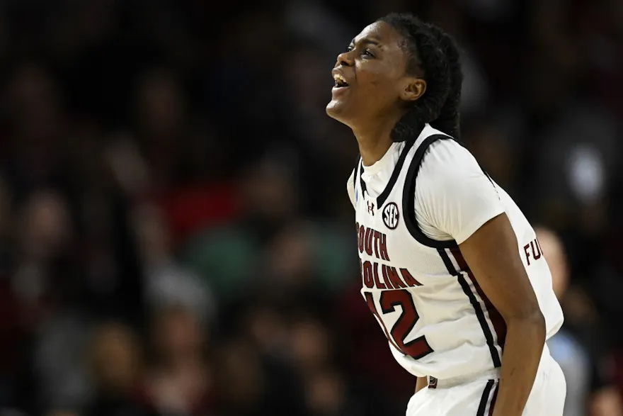 MiLaysia Fulwiley #12 of the South Carolina Gamecocks celebrates as we offer our best Indiana vs. South Carolina prediction and pick for the Sweet 16 of the women's NCAA Tournament on Friday.