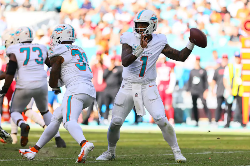 Miami Dolphins quarterback Tua Tagovailoa throws the football against the Arizona Cardinals. We're backing Tagovailoa in our Dolphins vs. Rams MNF Prop Bets.