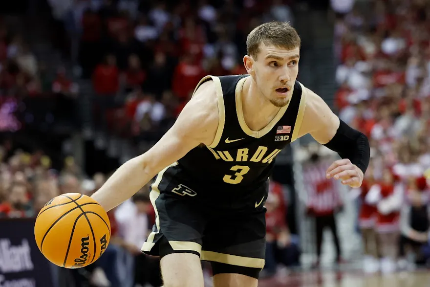 Braden Smith of the Purdue Boilermakers drives to the basket in the first half of the game against the Wisconsin Badgers, as we look at the latest 2024 Big Ten title odds.