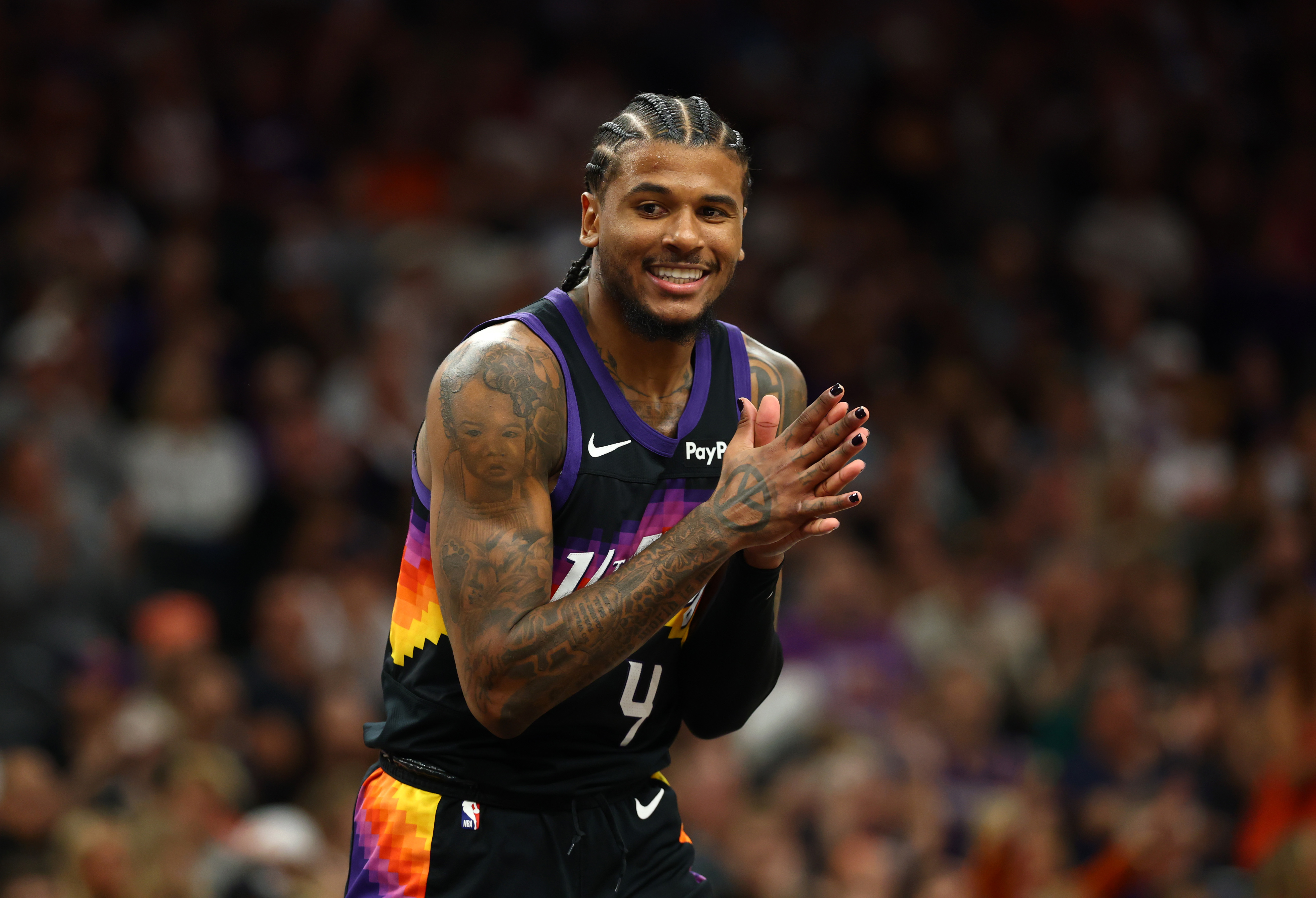 Phoenix Suns guard Jalen Green (4), seen here during a game, is featured in our Warriors vs. Suns player props today.