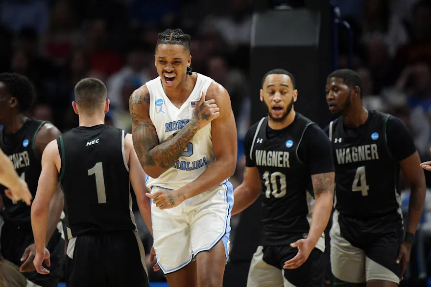 Armando Bacot #5 of the North Carolina Tar Heels reacts against the Wagner Seahawks as we look at the Sweet 16 odds and betting lines
