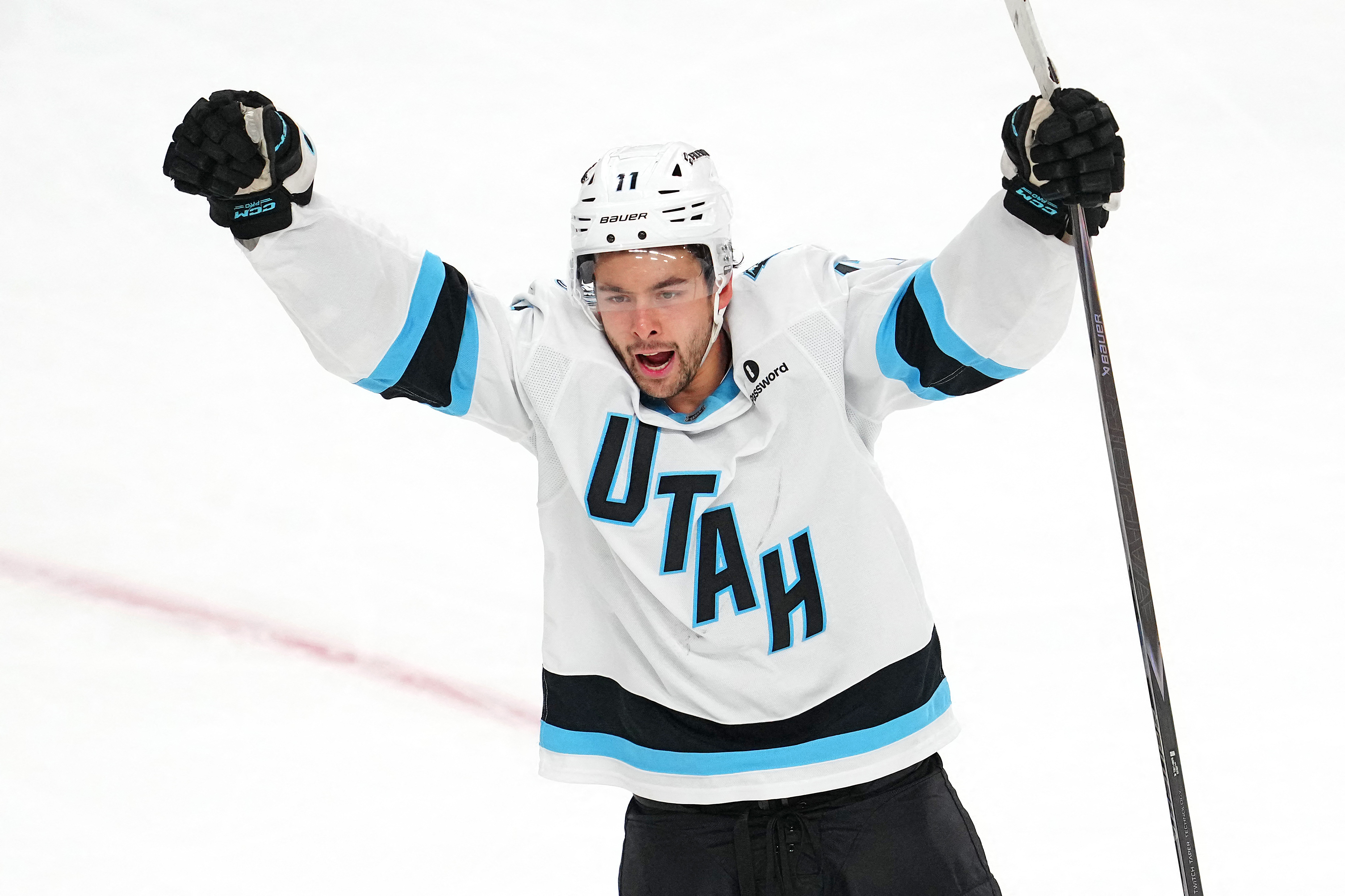  Utah Mammoth right wing Dylan Guenther - who's featured in my Golden Knights vs. Mammoth prediction - celebrates a goal.