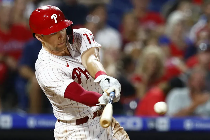 Rhys Hoskins #17 of the Philadelphia Phillies hits an RBI against the Pittsburgh Pirates during the second inning of a game at Citizens Bank Park on Aug. 26.