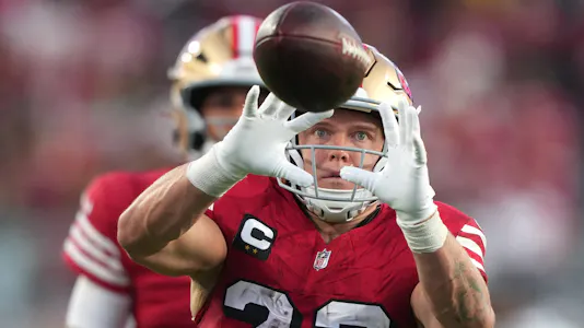 San Francisco 49ers running back Christian McCaffrey (23) warms up, and he'll be key to our NFL moneyline picks for Week 9