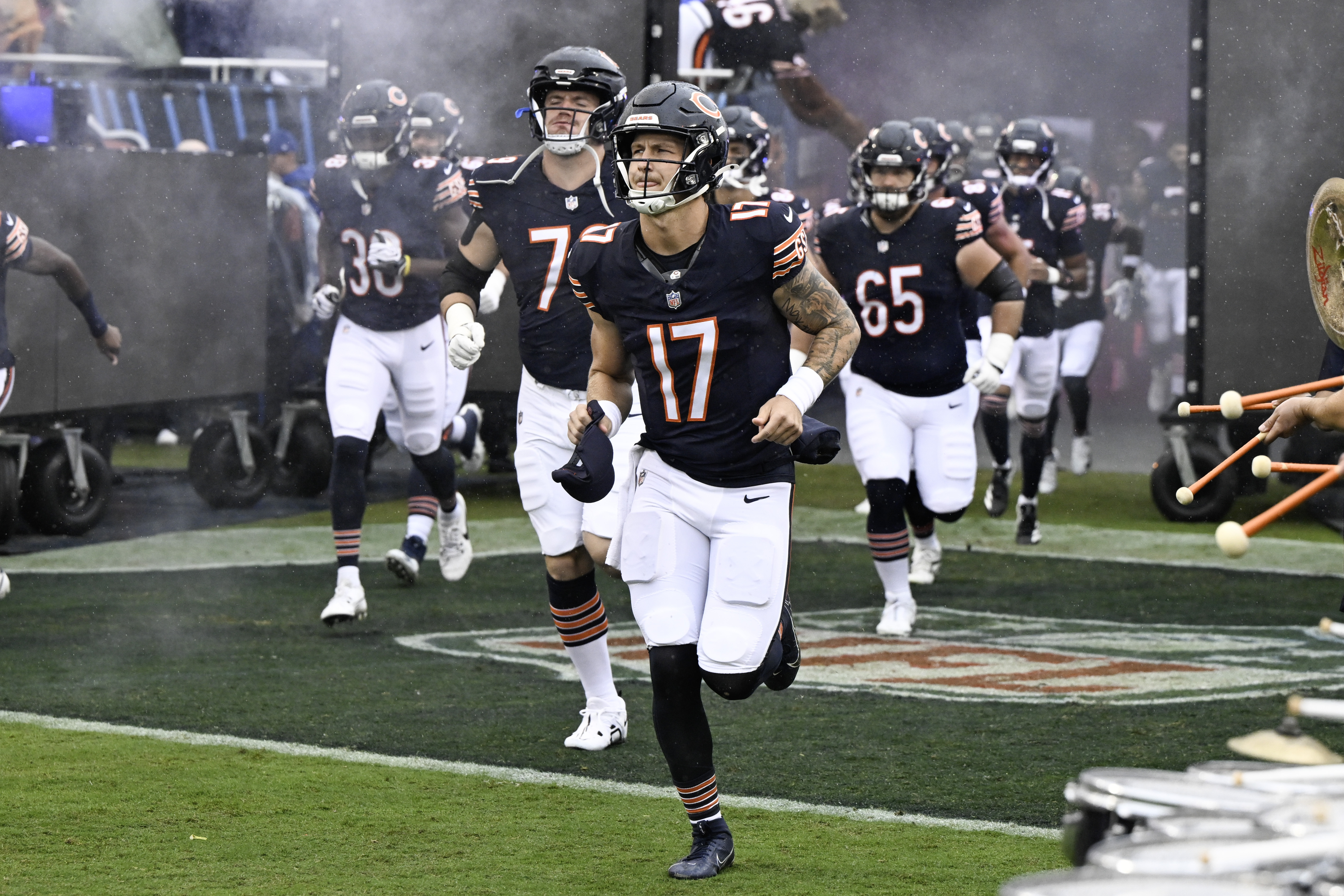 Chicago Bears quarterback Tyson Bagent runs onto the field as we make our best Eagles vs. Bears SGP